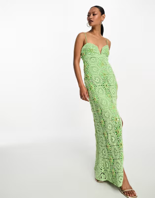 ASOS DESIGN pearl embellished sweetheart neck crochet maxi dress with split in bright green | ASOS (Global)