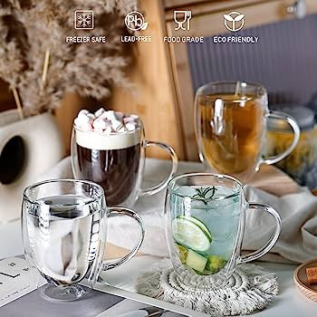 JNSMFC Double Walled Glass Coffee Mugs with Handle,4-Pack 12oz Insulated Glass Coffee Mugs Set,Cl... | Amazon (US)