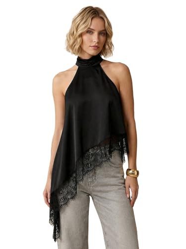 SweatyRocks Women's Lace Patchwork Asymmetrical Halter Top Dressy Sleeveless Flowy Going Out Tank... | Amazon (US)