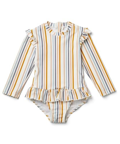 LDIOIF Girls One Piece Bathing Suit Long Sleeve Swimsuit Kid Zipper Rash Guard Colorful Striped Swimwear with Ruffle Hem 4-5T | Amazon (US)