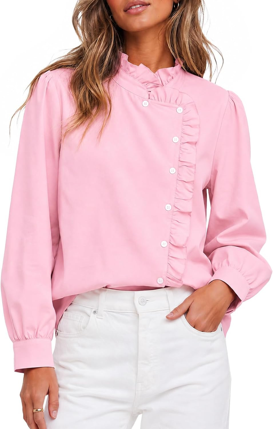 Button Down Shirts for Women Casual Long Sleeve Ruffle Fall Tops | Amazon (US)