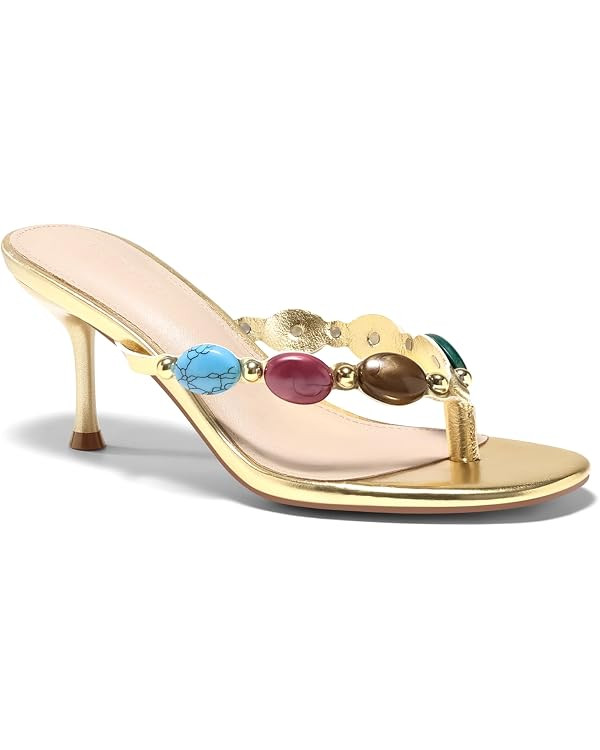 Coutgo Womens Jeweled Heeled Sandals Kitten Heel Starppy Flip Flop Backless Open Toe Slides Boho ... | Amazon (US)