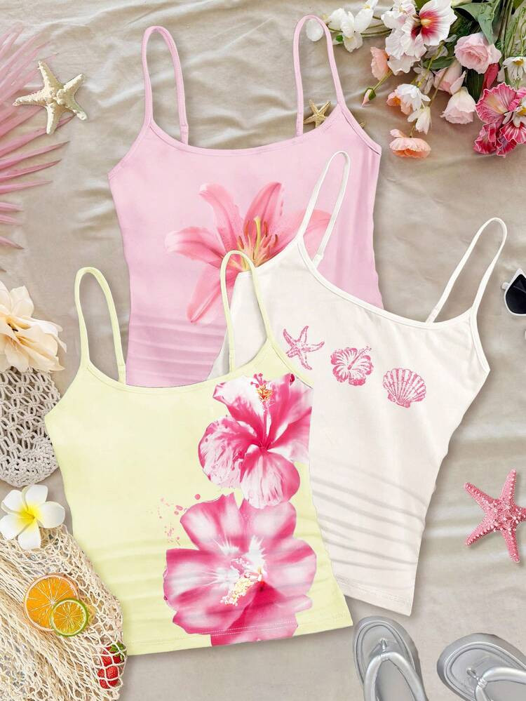 SHEIN Leap Crew 3 PiecesTween Girls Slim Fit Casual Sports Camisole Tank Top Sets Girls Summer Tank Tops Girls Floral Tank Tops Cute Tween Tank Tops Beach Tank Tops For Tweens Flower Tank Top | SHEIN