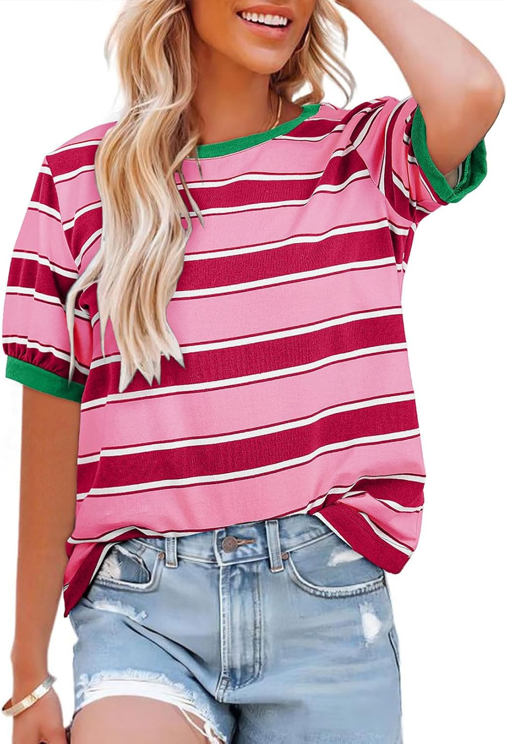 Dokotoo Womens Summer Tops 2026 Striped Color Block Short Sleeve Fashion T-Shirts Crewneck Casual Loose Basic Tee Blouses | Amazon (US)