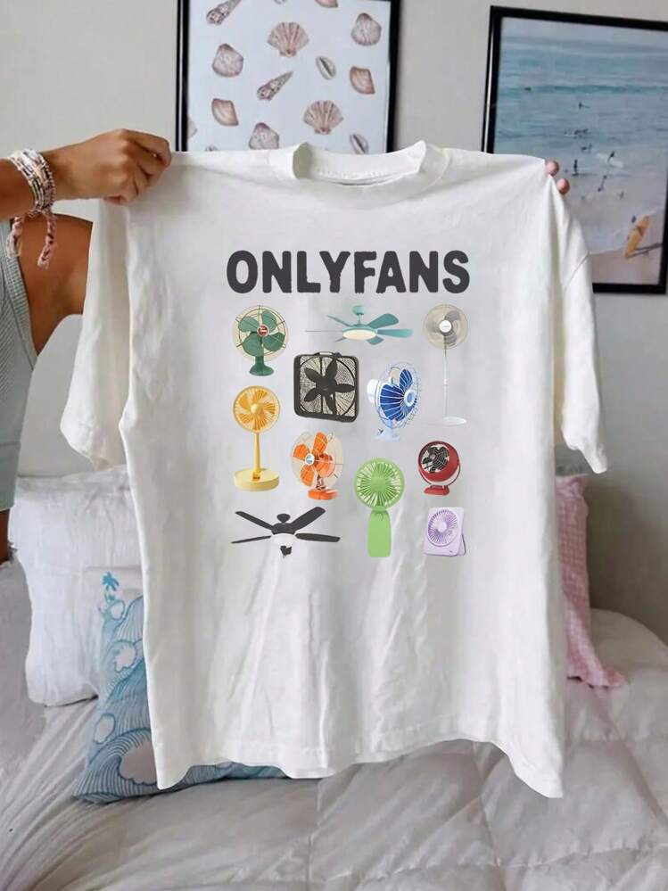 Flirla Women'S Casual Crew Neck T-Shirt With ONLYFANS Cartoon Print, Summer Knit Polyester Top With Elastane, Regular Length Short Sleeve Tee For Spring And Summer | SHEIN
