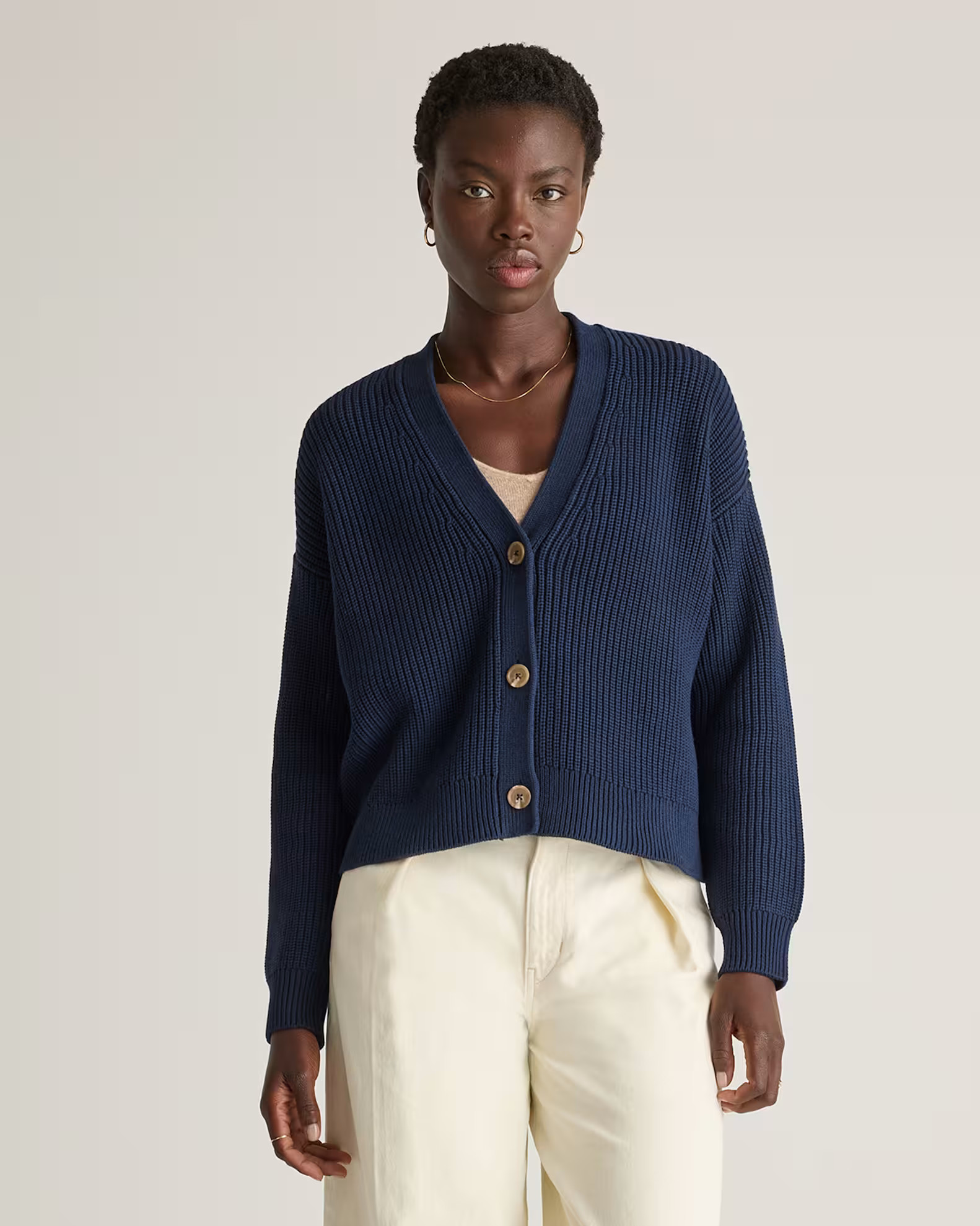 100% Organic Cotton Fisherman Boxy Cropped Cardigan in Navy | Quince