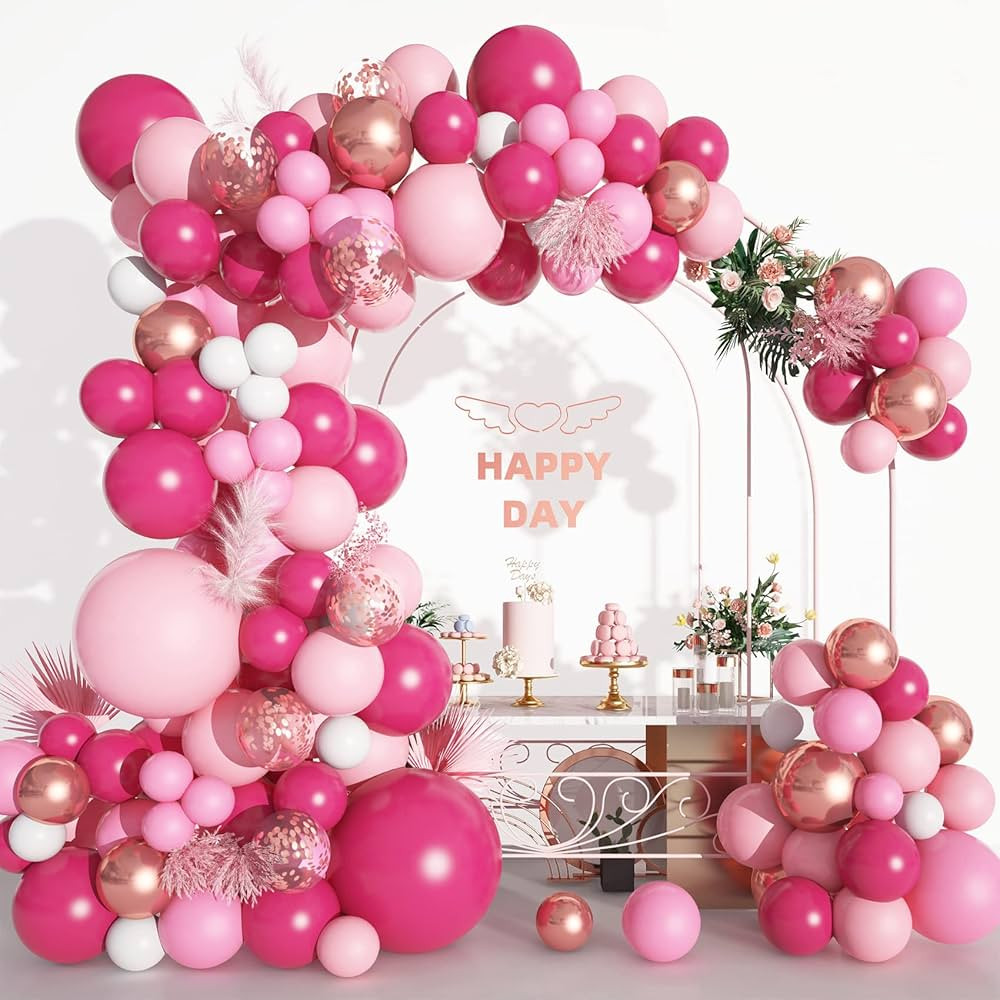 152Pcs Pink Balloon Garland Arch Kit, Hot Pink Metallic Rose Gold Confetti Balloons for Women Bir... | Amazon (US)