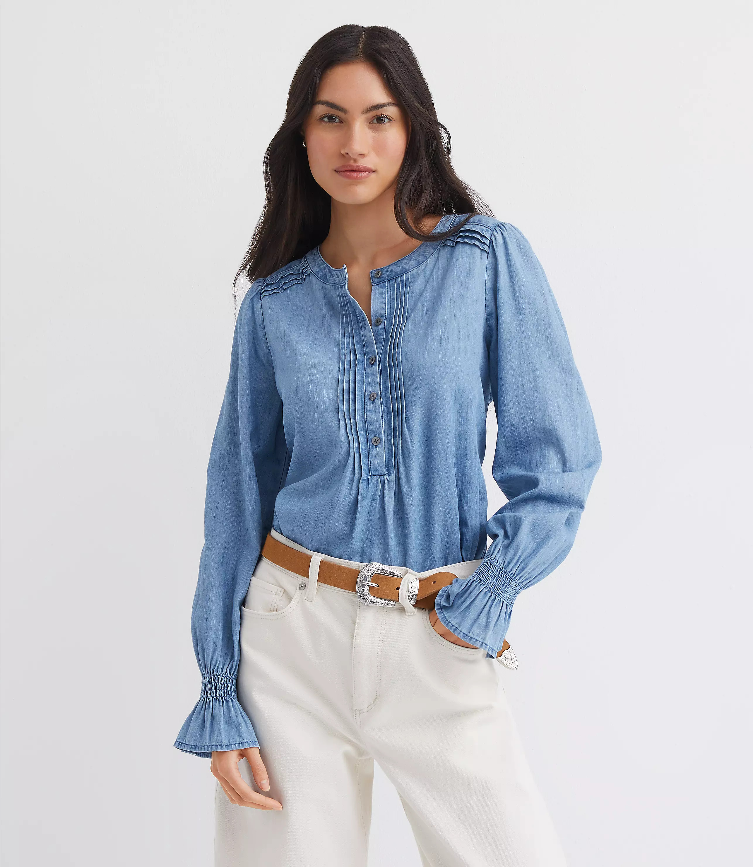 Chambray Pleated Henley Blouse | LOFT