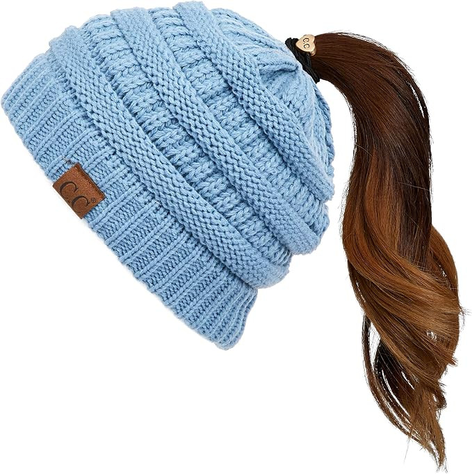 C.C Exclusives Soft Stretch Cable Knit Messy Bun Ponytail Beanie Winter Hat for Women (MB-20A) | Amazon (US)