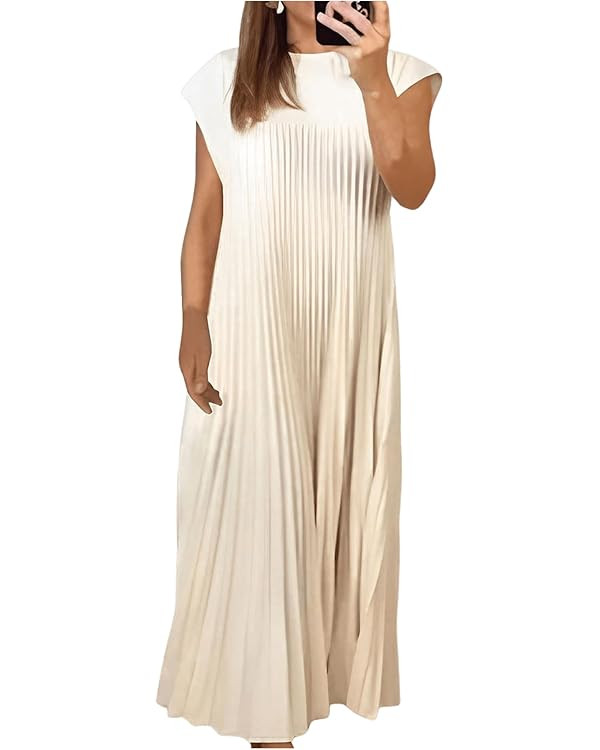 GORGLITTER Women's Pleated Church Maxi Dresses Summer Casual Short Sleeve Crew Neck Flowy Loose L... | Amazon (US)