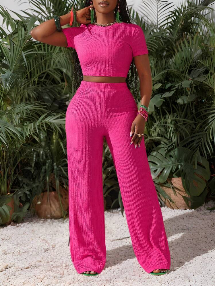 SHEIN Slayr New Casual Basic Sports Style Spring And Summer Round Neck Short-Sleeved Truncated T-Shirt + Wide-Leg Super Long Pants Rose Red Striped Texture Knitted Fabric Women's Two-Piece Set-I | SHEIN