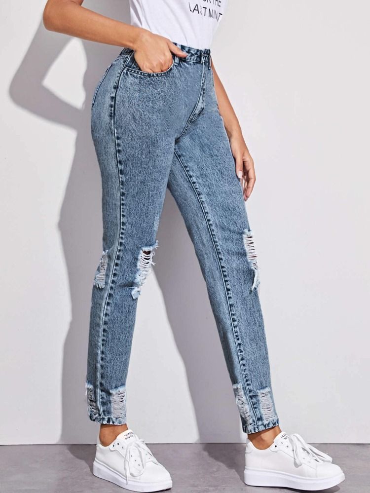 Snow Wash High-Rise Distressed Mom Jeans | ROMWE