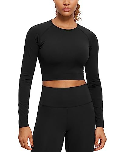 CRZ YOGA Seamless Long Sleeve Shirts for Women Workout Athletic Crop Tops Cropped Running Gym Yoga T-Shirts Black X-Large | Amazon (US)