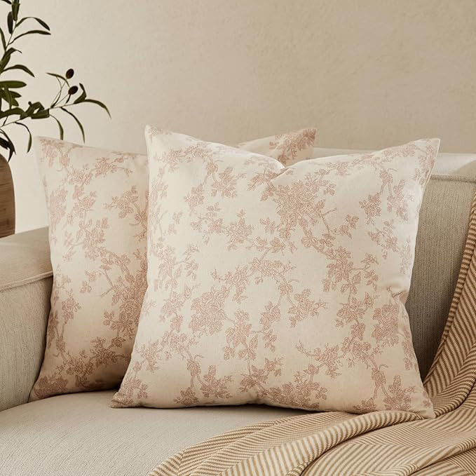 100% Cotton French Pastoral Throw Pillow Covers Set of 2, 22x22 Inch Taupe Farmhouse Decorative C... | Amazon (US)