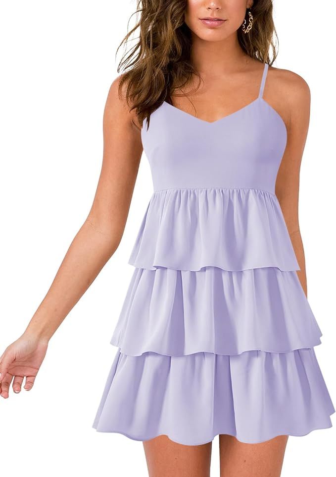 Womens Sexy V Neck Summer Dress Adjustable Spaghetti Strap Sleeveless Flowy Mini Short Dresses | Amazon (US)