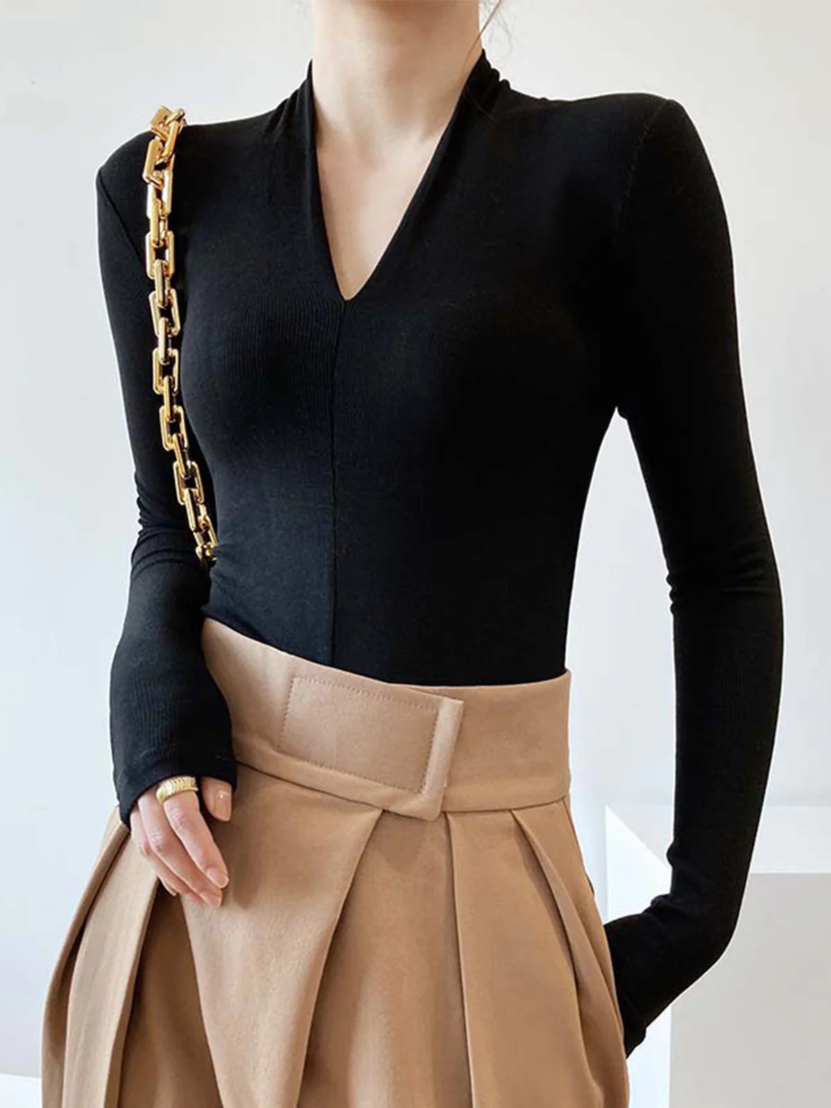 Solid Long Sleeve Knit Top | Commense