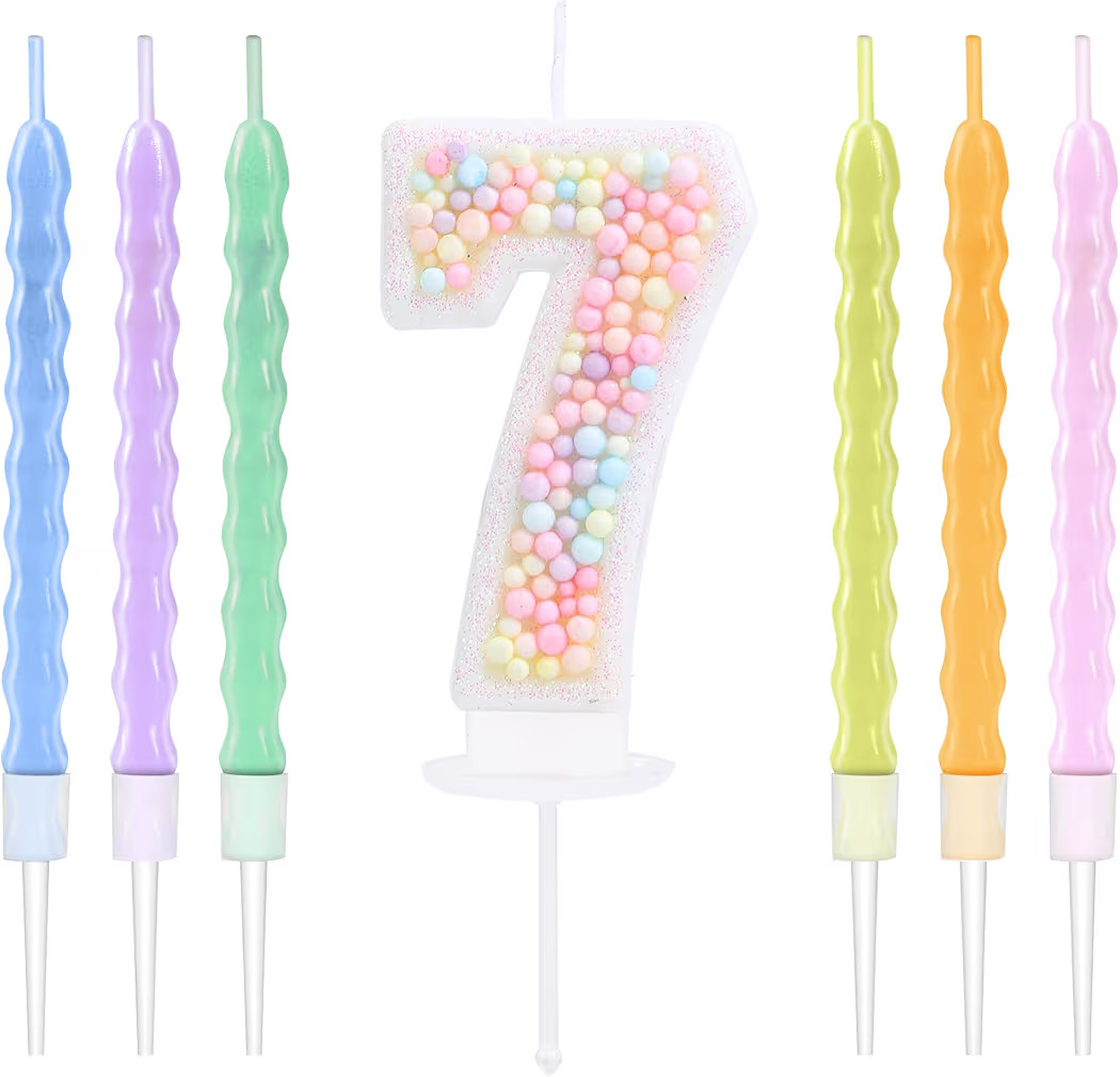 7 Birthday Candle Pastel with 6 Pcs Rainbow Pearl Candles, 3D Macaron Glitter Number 7 Candle for... | Amazon (US)