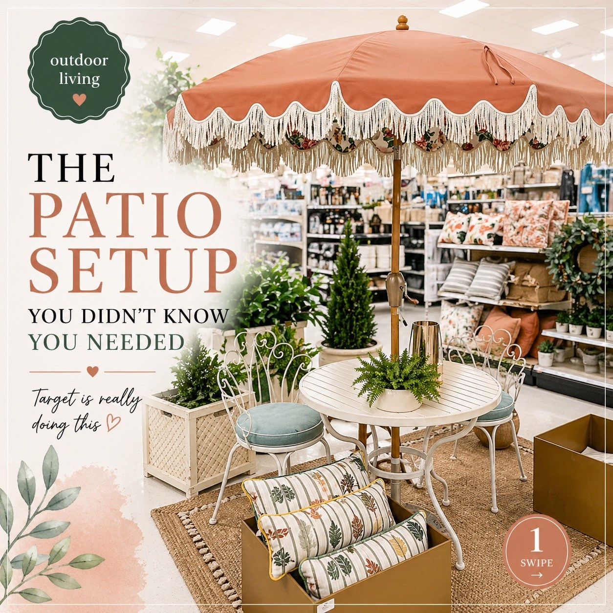 I’m sorry… since WHEN is Target serving Tiffany patio vibes like this?!

The fringe umbrella.
The soft mint tones.
The bistro setup that looks like it belongs at a boutique hotel.

I went in for one thing… and now I’m mentally redoing my entire backyard.

This is your sign — patio season is here, and it’s allowed to feel this elevated.

Follow me on LTK — I’ll be linking all the best finds like this 🤍

#TargetFinds #TargetHome #TargetStyle #PatioSeason #OutdoorLiving #BackyardInspo #PatioInspo #CoastalHome #TiffanyInspired #HomeDecorFinds #NeutralHome #SummerHome #LTKHome #LTKFinds #LTKStyle #HomeInspo #DecorInspo #SimpleHomeStyle #OutdoorDecor #Obsessed

#LTKHome #LTKU #LTKSeasonal

#LTKHome #LTKU #LTKSeasonal