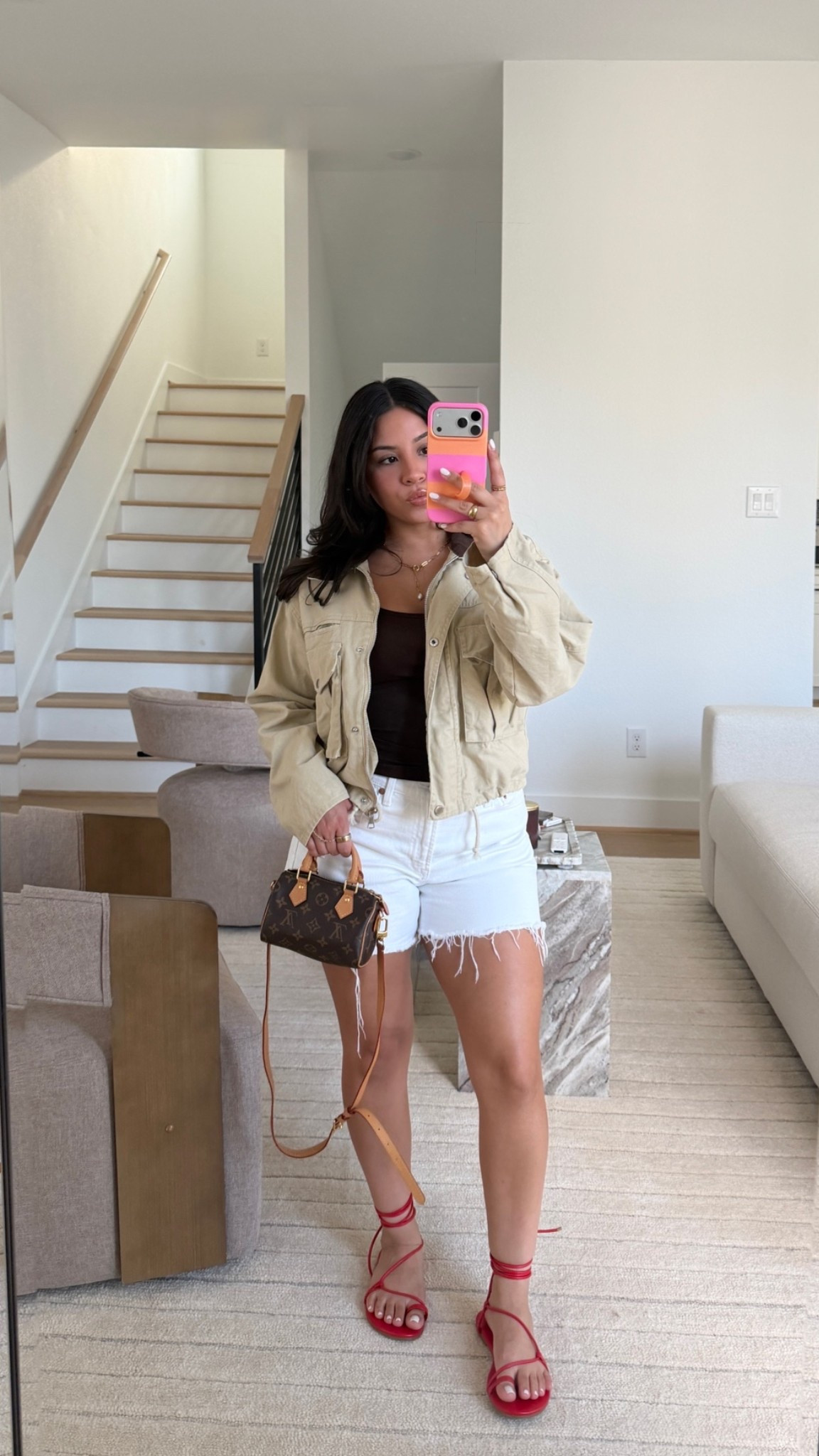 Summer to fall outfit 
Tank: small
Jacket: xs 
Shorts: 27 
Sandals: 7 
Nano speedy bag

#LTKootd #LTKdayinmylife #LTKgrwm