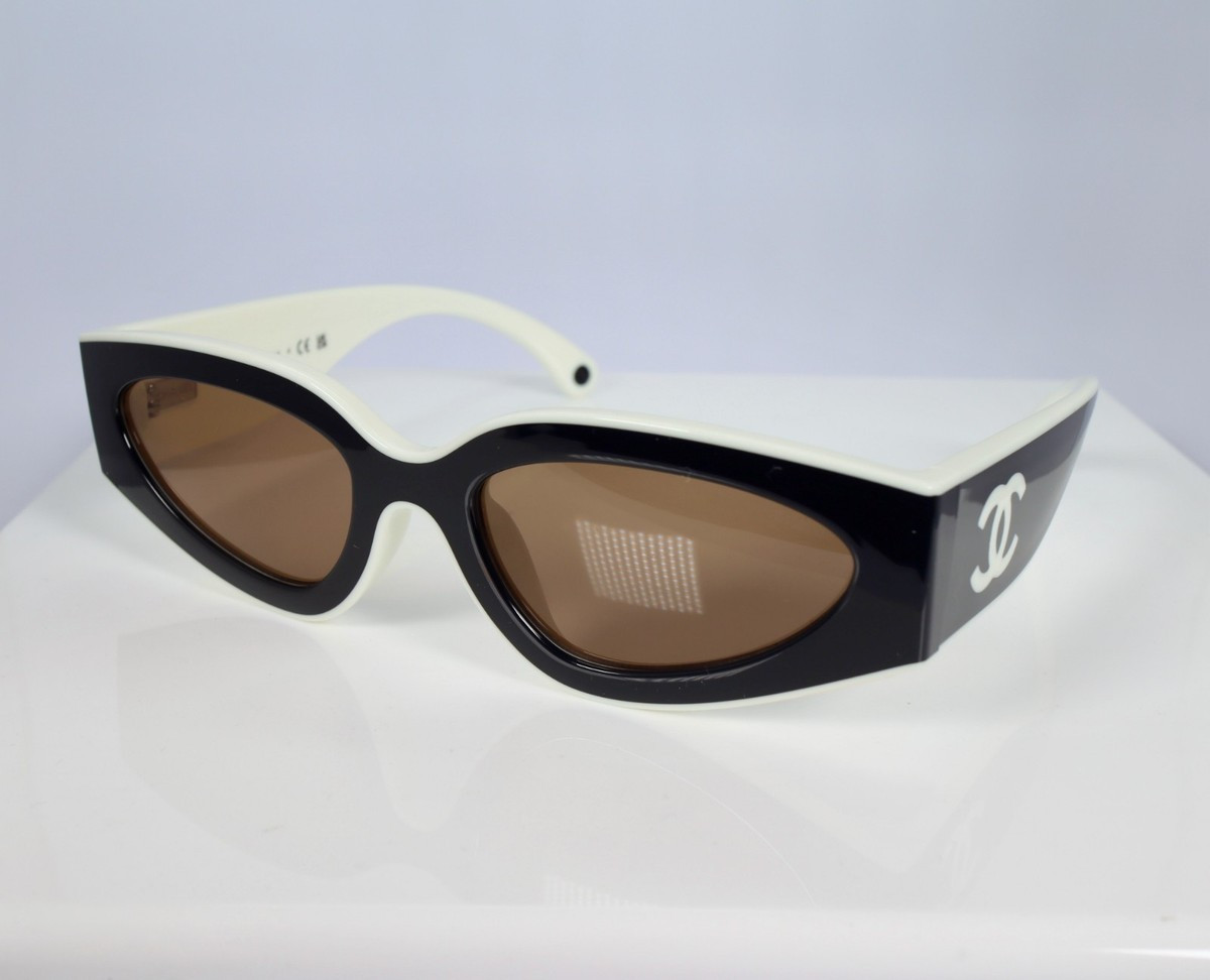 Chanel CH6056 54mm Cat Eye Sunglasses in Black and White with Beige Lenses | eBay | eBay US