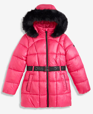 Michael Kors Girls 7-16 Active Belted Stadium Puffer Jacket With Faux-Fur Trim - Macy's | Macy's