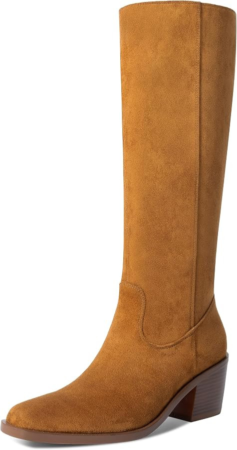 Women's Knee High Boots Suede Square Toe Chunky Heel Fall Winter Tall Boots With Side Zipper | Amazon (US)