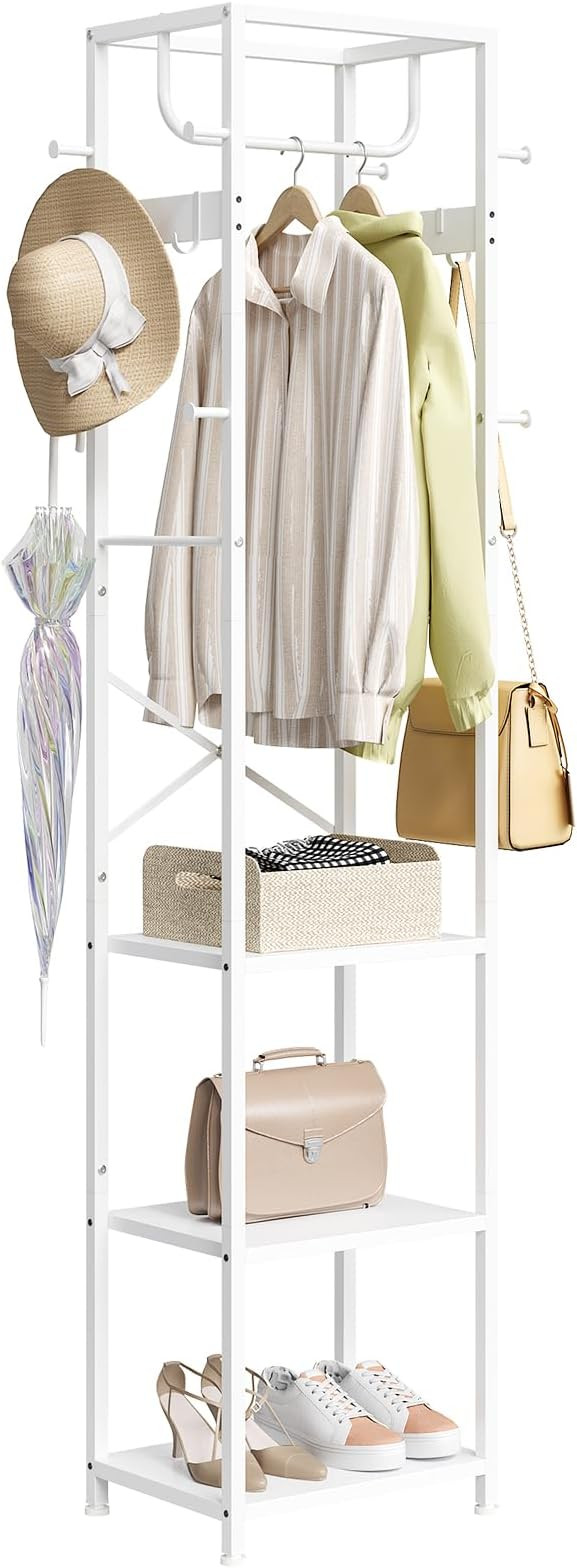 Coat Rack Freestanding, Hall Tree with 3 Shelves and 12 Hooks, White | Amazon (US)
