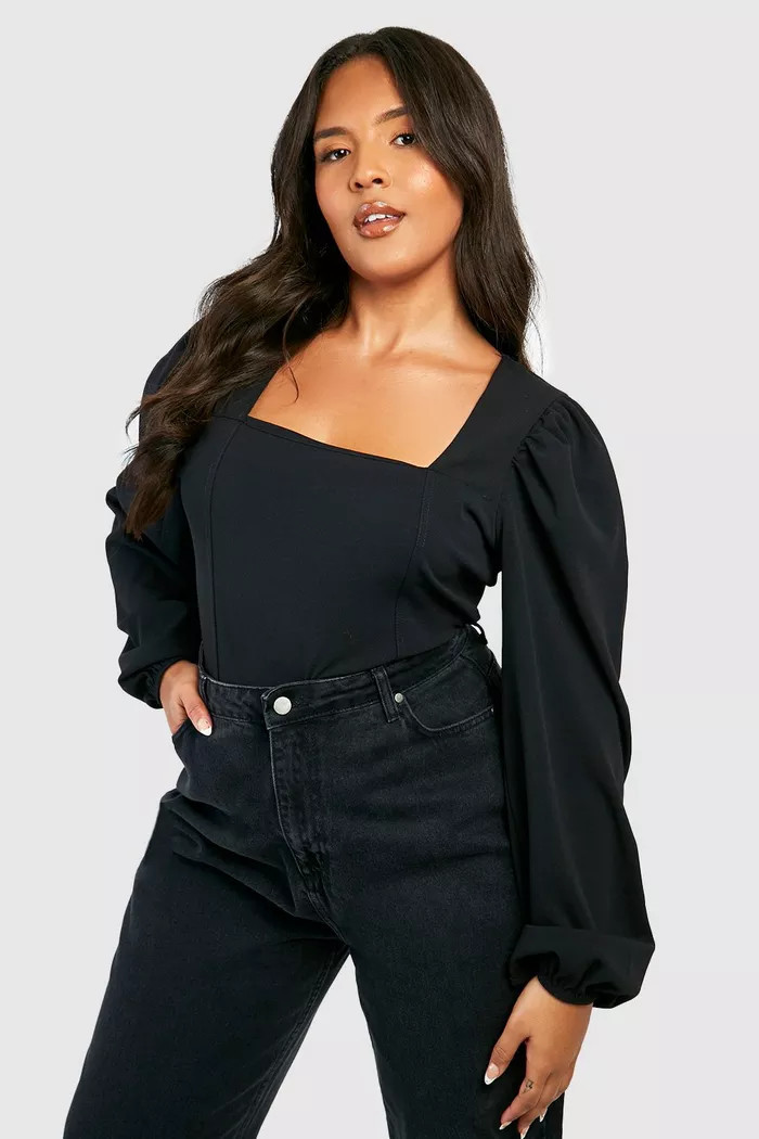 Plus Square Neck Long Sleeve Corset Top | Boohoo.com (US & CA)