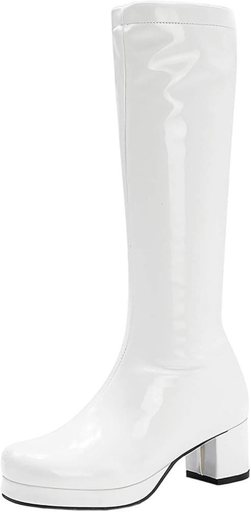 ErikenUrben Women Fashion Knee High Boots Patent Leather Chunky Heels Cosplay Boots Zipper | Amazon (US)