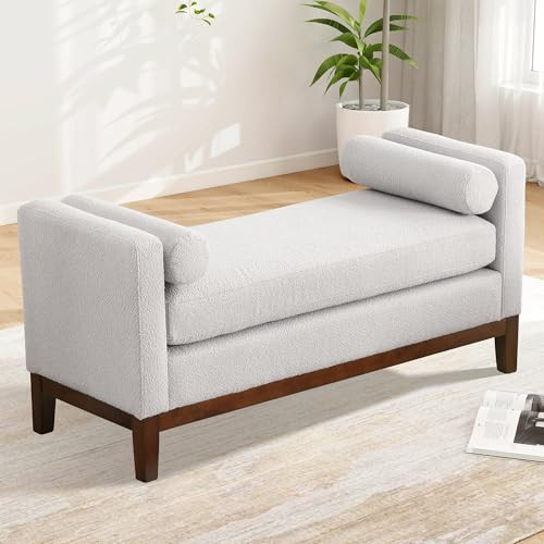 Aoiy & Wifon 53.54" W End of Bed Bench, Upholstered Boucle Bench with Wood Legs and Pillows for Bedroom/Entryway/Living Room, Light Gray | Amazon (US)
