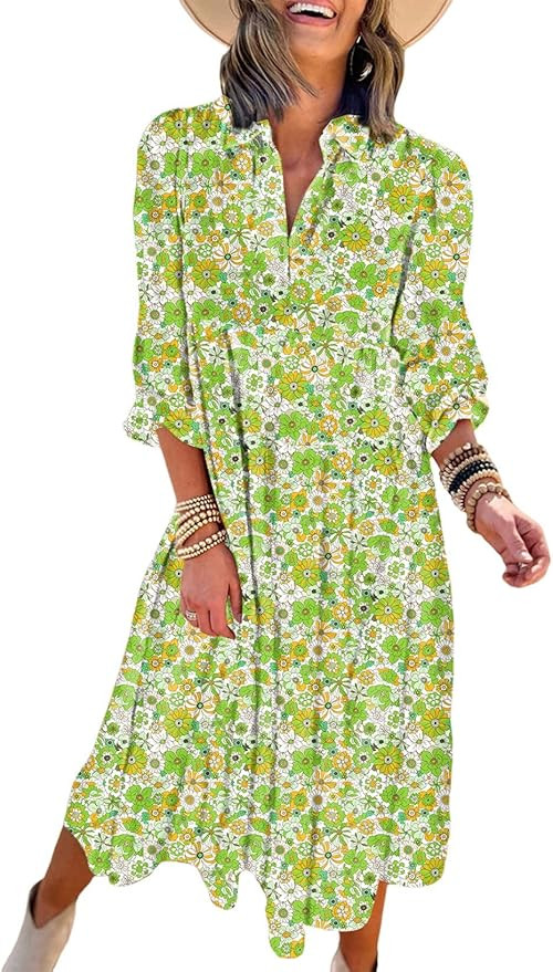 Dokotoo Women's Casual Loose Bohemian Floral Dresses 2026 Long Puff Sleeve V Neck Ruffle A Line F... | Amazon (US)
