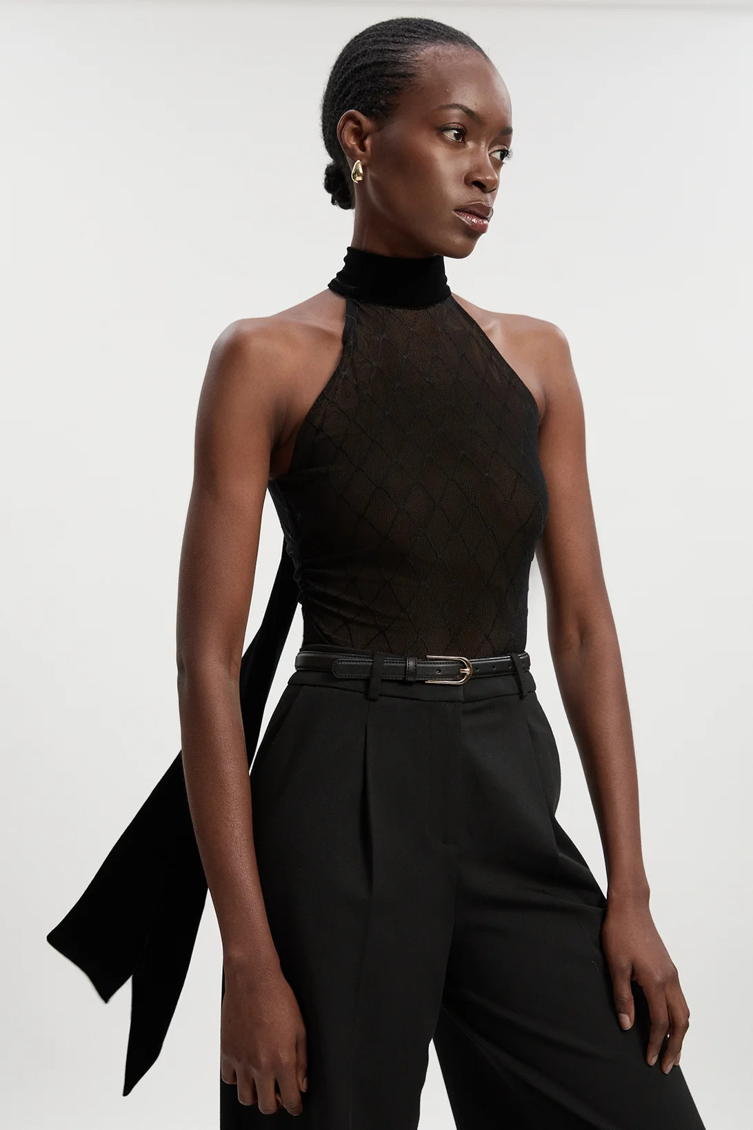 Stretch Velvet High Neck Cape Shoulder Bodysuit | Karen Millen UK + IE + DE + NL