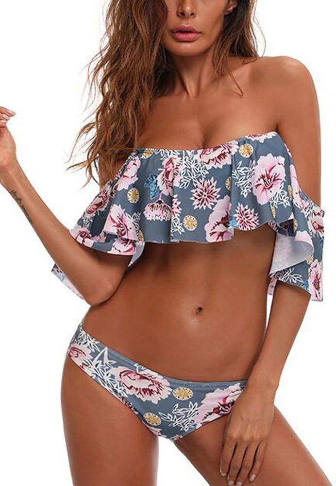 Women Two Piece Ruffled Swimsuit Floral Print Off-Shoulder Bikini Set | Amazon (US)