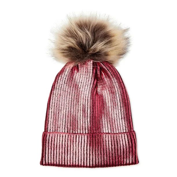 Scoop Women's Metallic Beanie Hat with Faux Fur Pom - Walmart.com | Walmart (US)