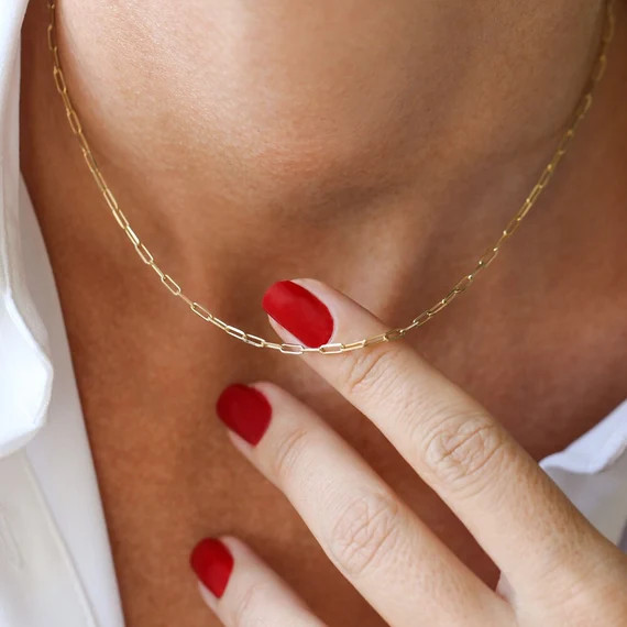 Paper Clip Necklace / 14k Solid Gold Tiny Paper Clip Link | Etsy | Etsy (US)