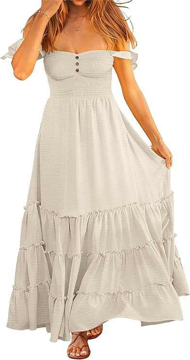 ANRABESS Womens Summer Casual Off The Shoulder Maxi Long Dress 2026 Smocked Ruffle Strap Backless... | Amazon (US)