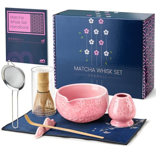 7Pcs Matcha Whisk Set, Matcha Set Whisk and Bowl,Bamboo Scoop, Scoop Rest, Sifter and Tea Towel, Matcha Kit W/Carved Cherry Blossm Pattern for Matcha Lovers (Sakura Pink) | Amazon (US)