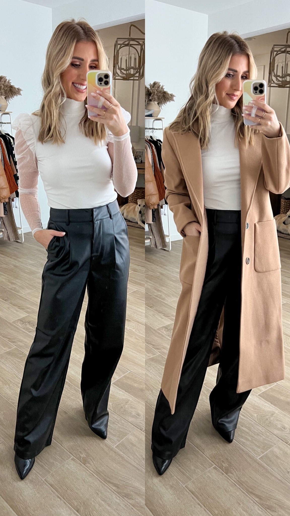 River island looks! 
White long sleeve top runs tts- wearing 4
Black wide leg high rise faux leather pants run a little big. I did 4 but size 2 would be best for me
Camel pea coat is stunning! Wearing 4 and it fits perfectly 

Fall fashion, river island, fall sweater dress. Casual outfit. Neutrals 

#LTKstyletip #LTKunder100 #LTKshoecrush