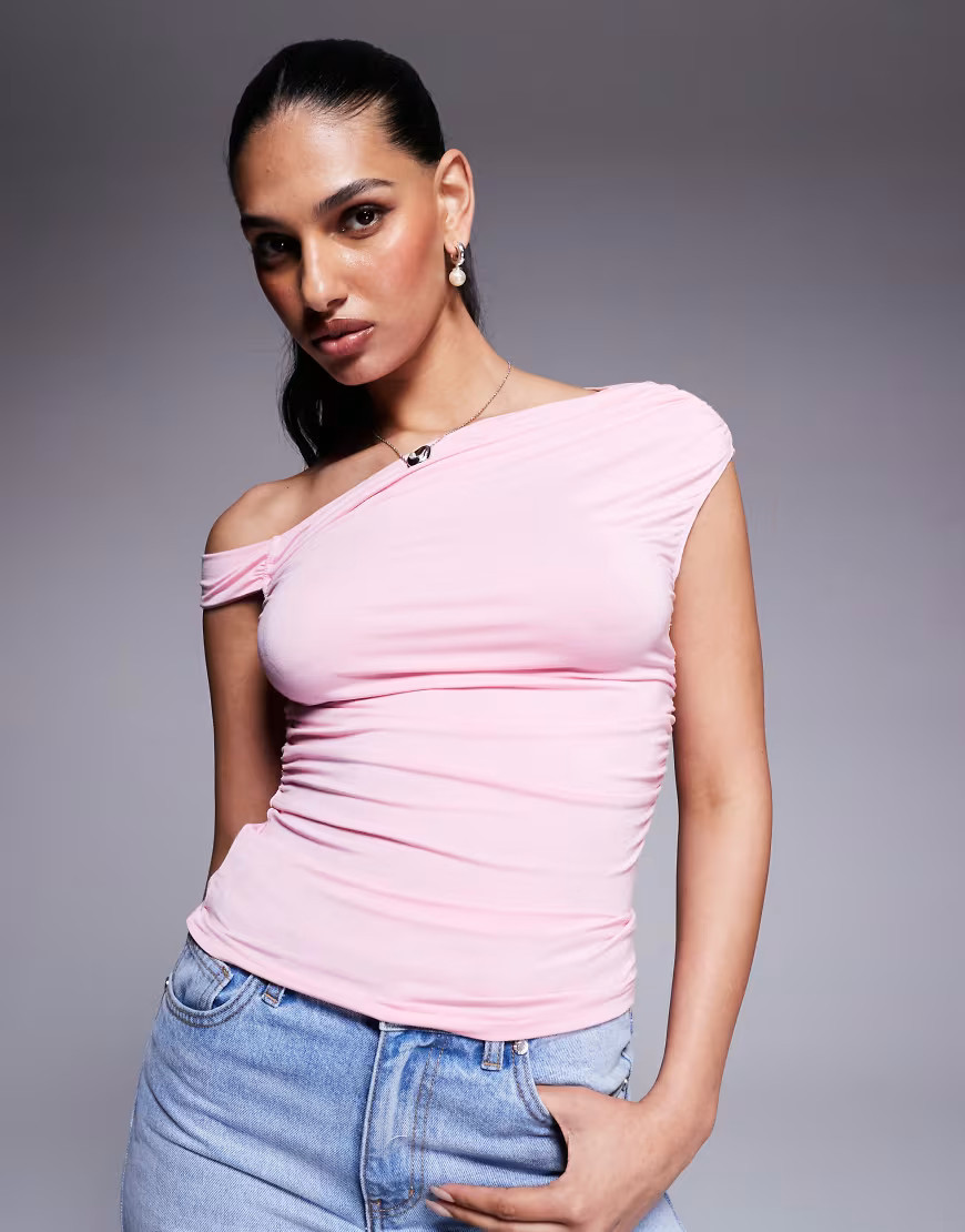 Princess Polly double layered slinky off shoulder top in pink | ASOS (Global)