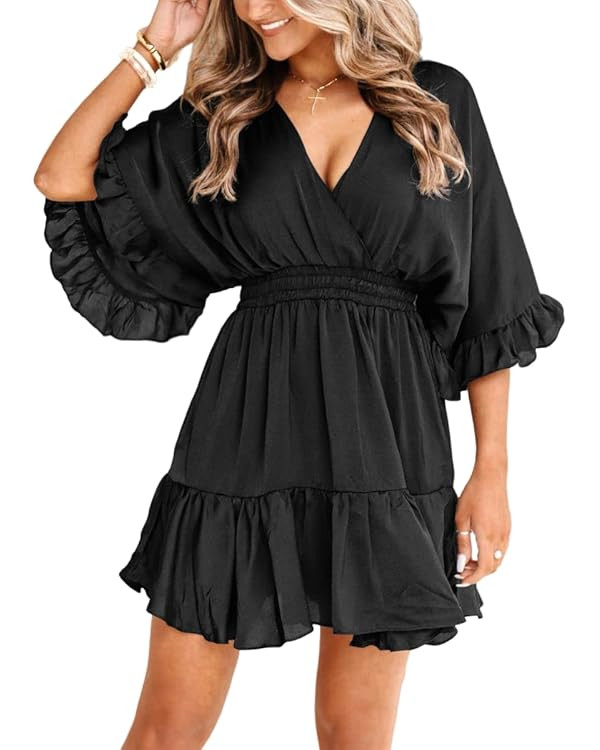 Aoysky Womens V Neck Casual Dresses Summer Loose High Waist Ruffle Pleated Cute Mini Short Dress | Amazon (US)