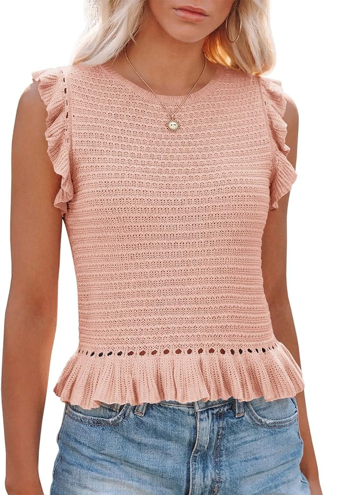 PiePieBuy Women's Summer Knit Tank Tops Crew Neck Sleeveless Cami Shirts Tees Ruffle Sweater Vest | Amazon (US)