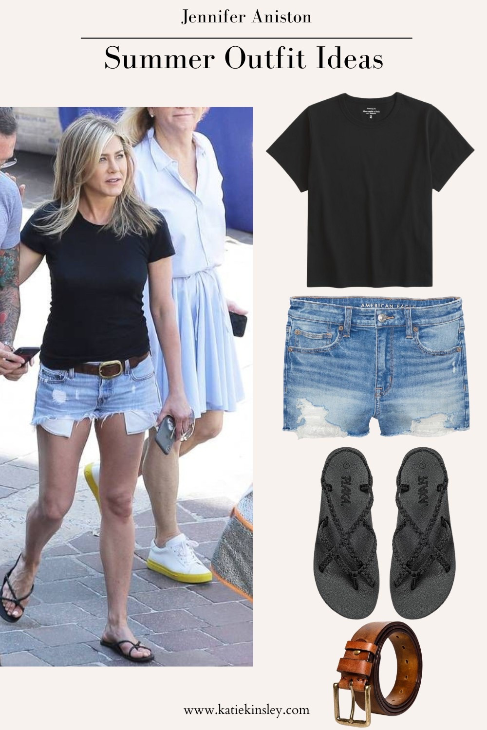 Jennifer Aniston wearing a black fitted tee and cutoff denim shortss

#LTKStyleTip