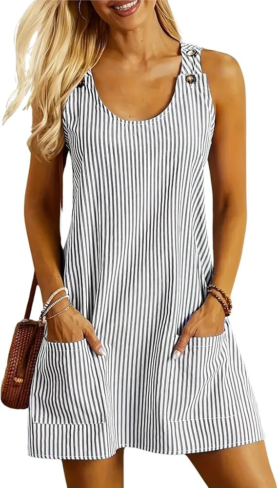 chouyatou Women's Summer Adjustable Strap Striped Overalls Dress Mini Beach Tank Dress with Pocke... | Amazon (US)