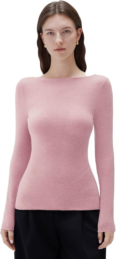 SUUKSESS Cloud Cashmere Women Boat Neck Fitted Long Sleeve Shirt Basic Knit Tops | Amazon (US)