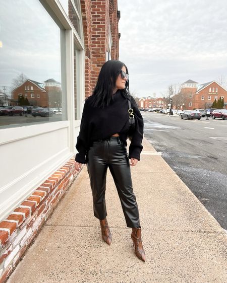 Vegan leather pants - I size up 1 for a little bit of a looser fit, wearing size 25 extra short 

oversized sweater, leather pants, monochromatic outfit 

#LTKSeasonal #LTKfindsunder100 #LTKstyletip