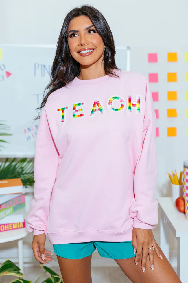 Classroom Colors Chenille Patch Light Pink Oversized Graphic Sweatshirt | Pink Lily