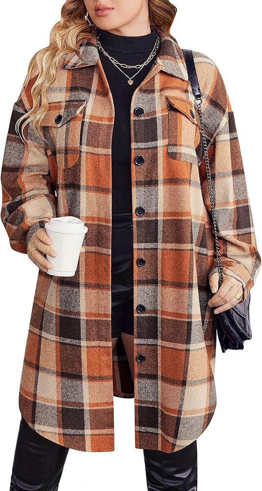 Zeagoo Womens Plus Size Flannel Plaid Button Down Shirts Long Sleeve Lounge Lapel Tartan Shacket ... | Amazon (US)