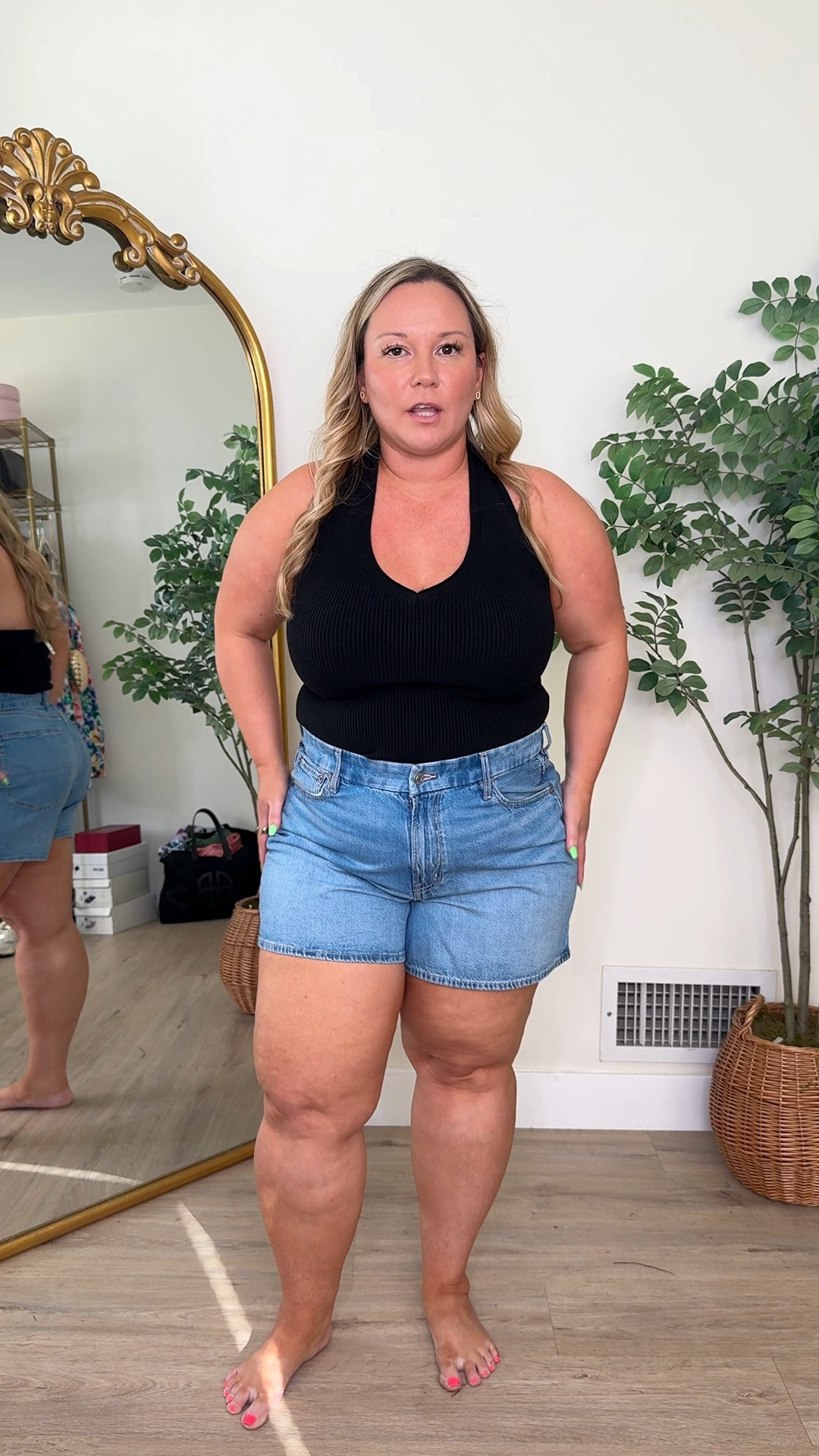 @American Eagle Outfitters denim shorts 
I’m digging the longer inseam options! Super comfy too! Thick thigh friendly! Wearing size 16- I size up 1-2 sizes in denim shorts! 
Halter top size LARGE 

Midsize style, spring style, shorts, denim, jean shorts, denim shorts, spring outfit, casual style, mom style 

#LTKPetite #LTKOver40 #LTKMidsize