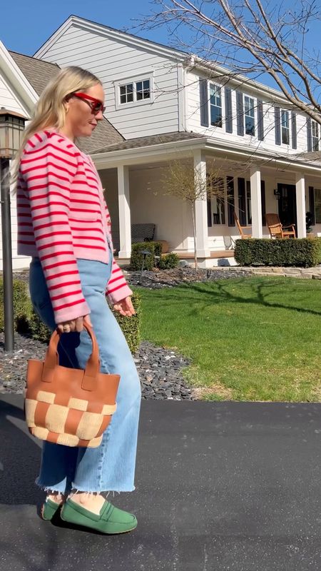 Spring everyday casual outfit - rothy green drivers, madewell cropped denim pant, target layering tank in light blue, English factory stripe cardigan, tuckernuck leather and raffia bag, red sunglasses 
More everyday outfits on CLAIRELATELY.com 👉🏼

#LTKstyletip #LTKVideo #LTKitbag