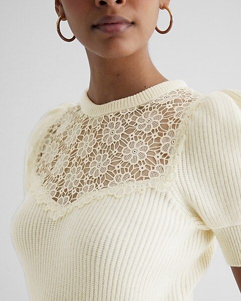 Crew Neck Puff Sleeve Lace Sweater | Express